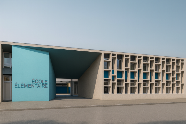 Modelo BIM - Vista isométrica de infraestructura educativa