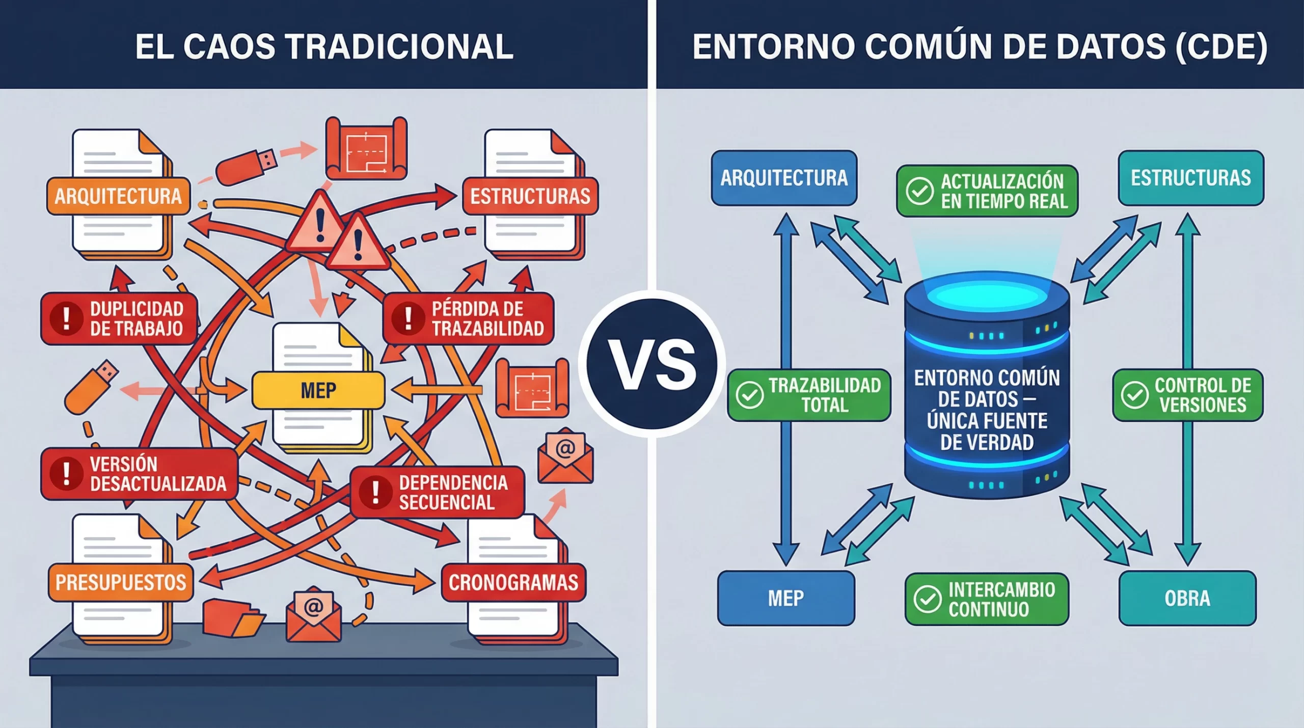 Diagrama comparativo del flujo de información fragmentado vs flujo de información integrado a través de Entorno Común de Datos