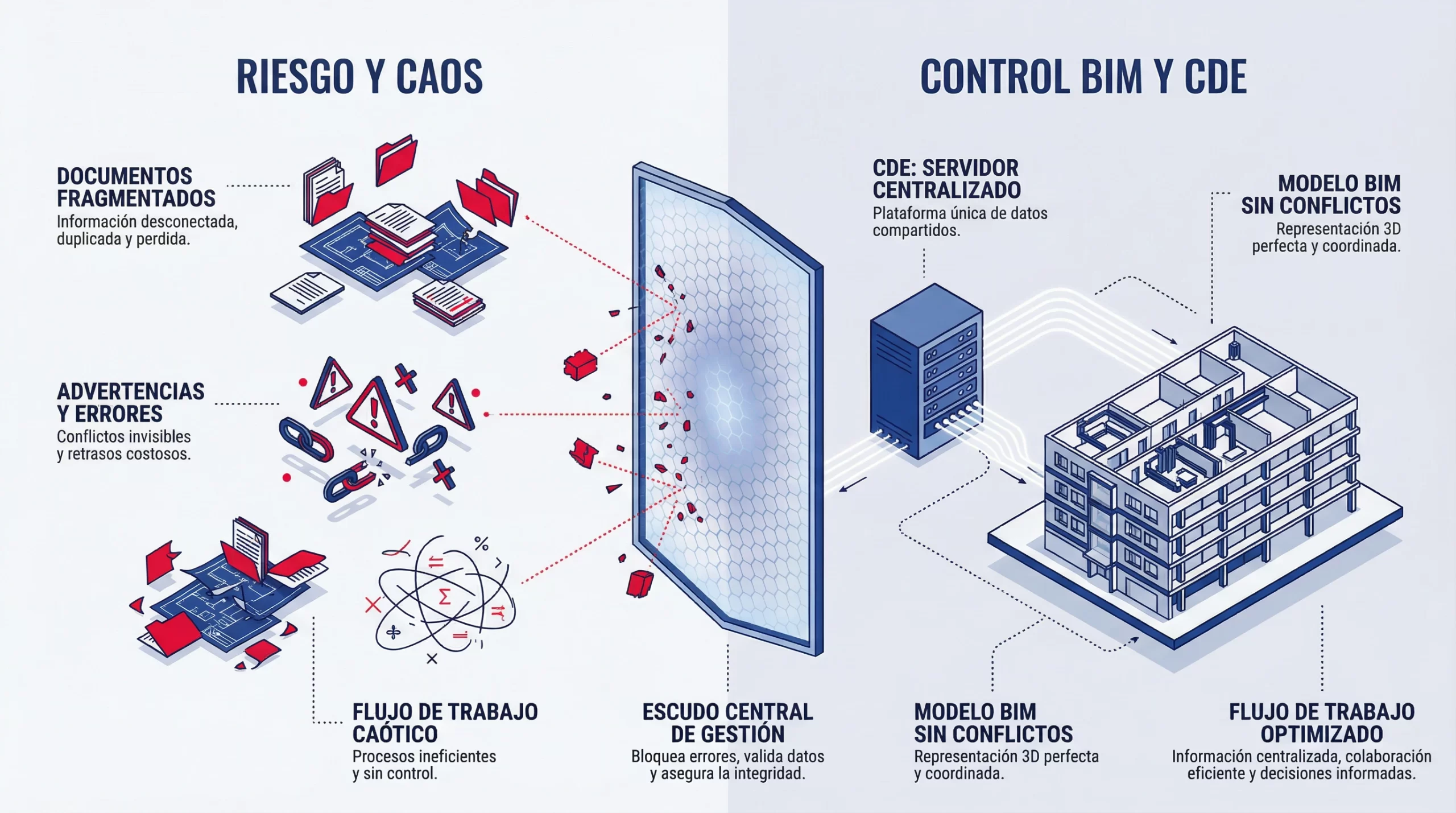 Infografía de metodologías BIM y CDE aplicadas a la prevención de riesgos en obra