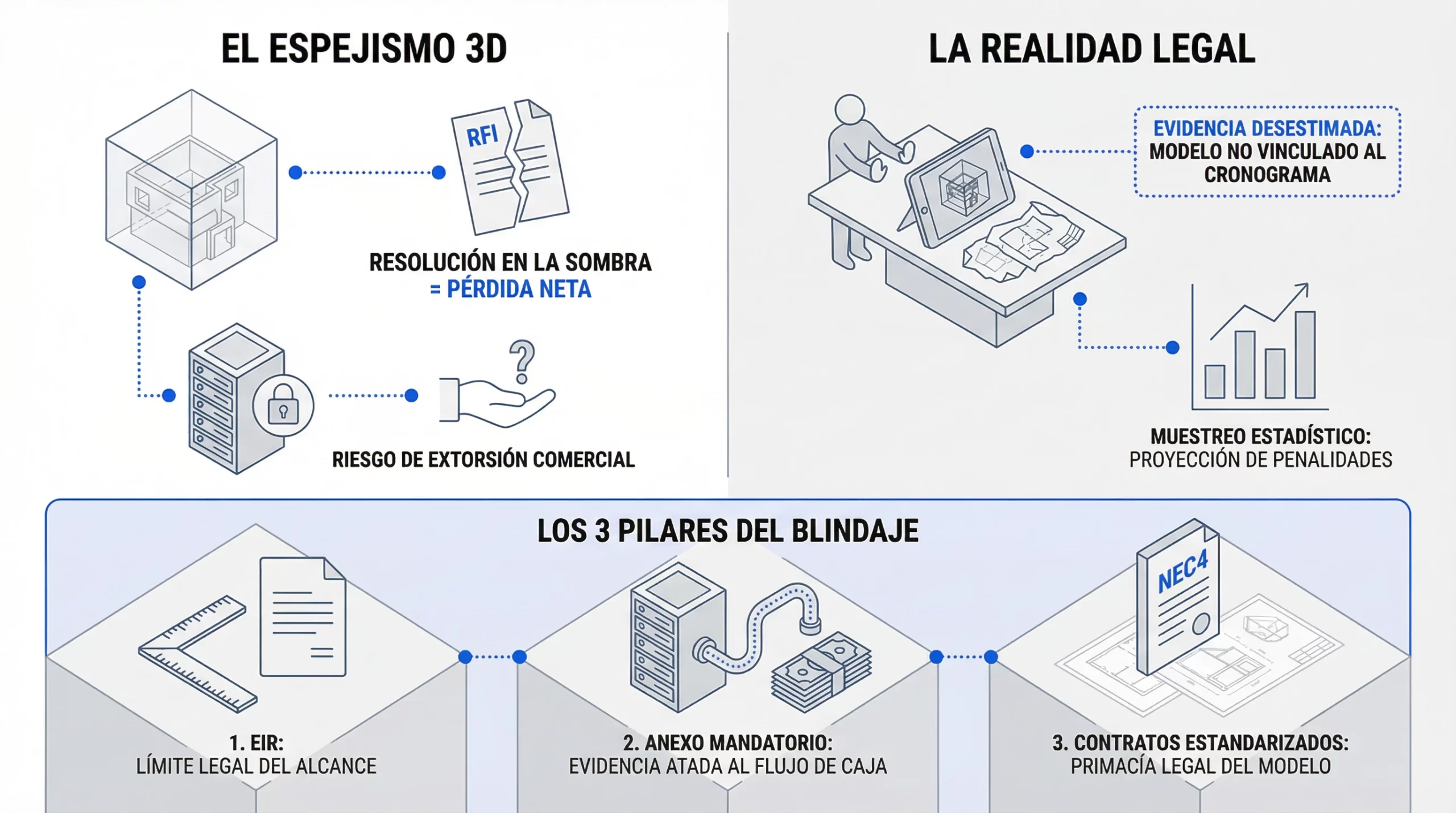 Infografía sobre blindaje contractual en modelos BIM y construcción